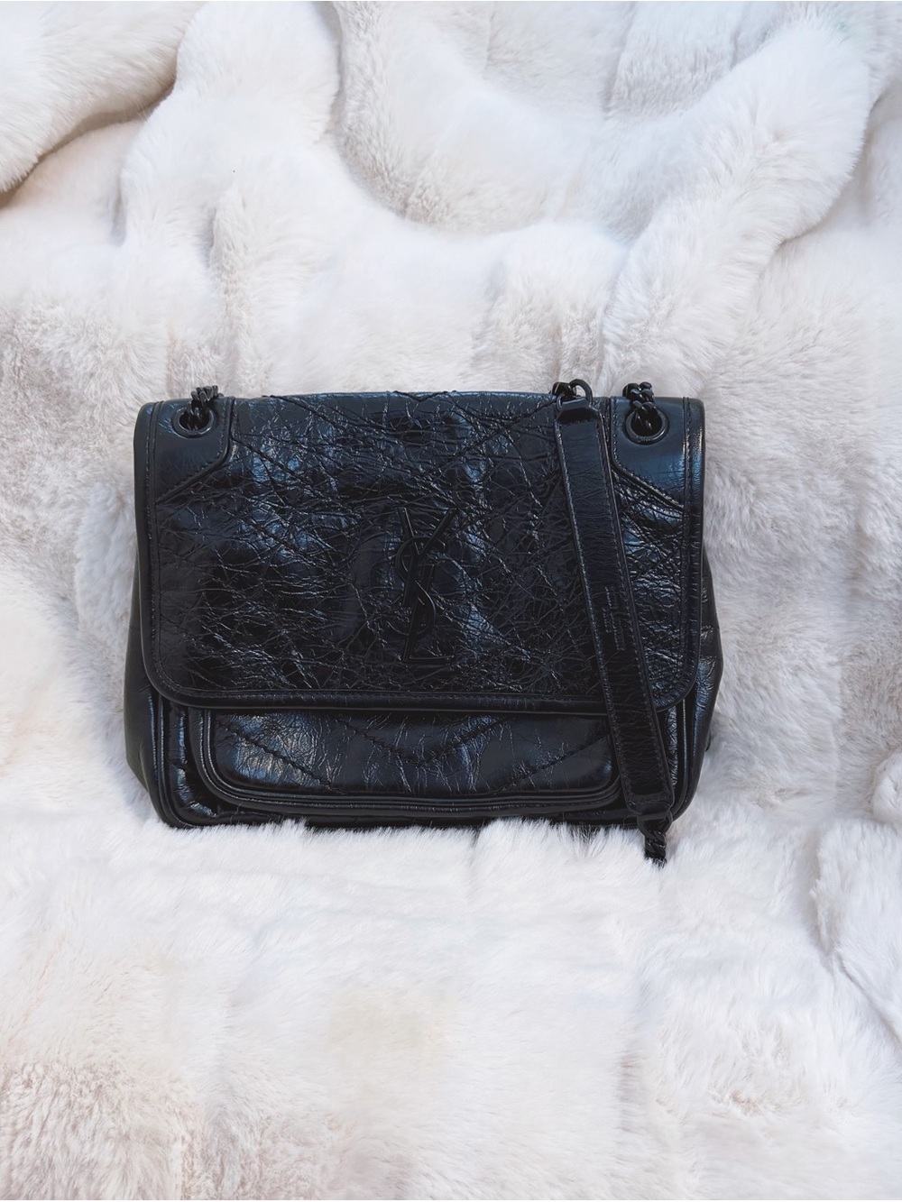 Yves Saint Laurent Black Crinkled Leather Baby Niki Bag